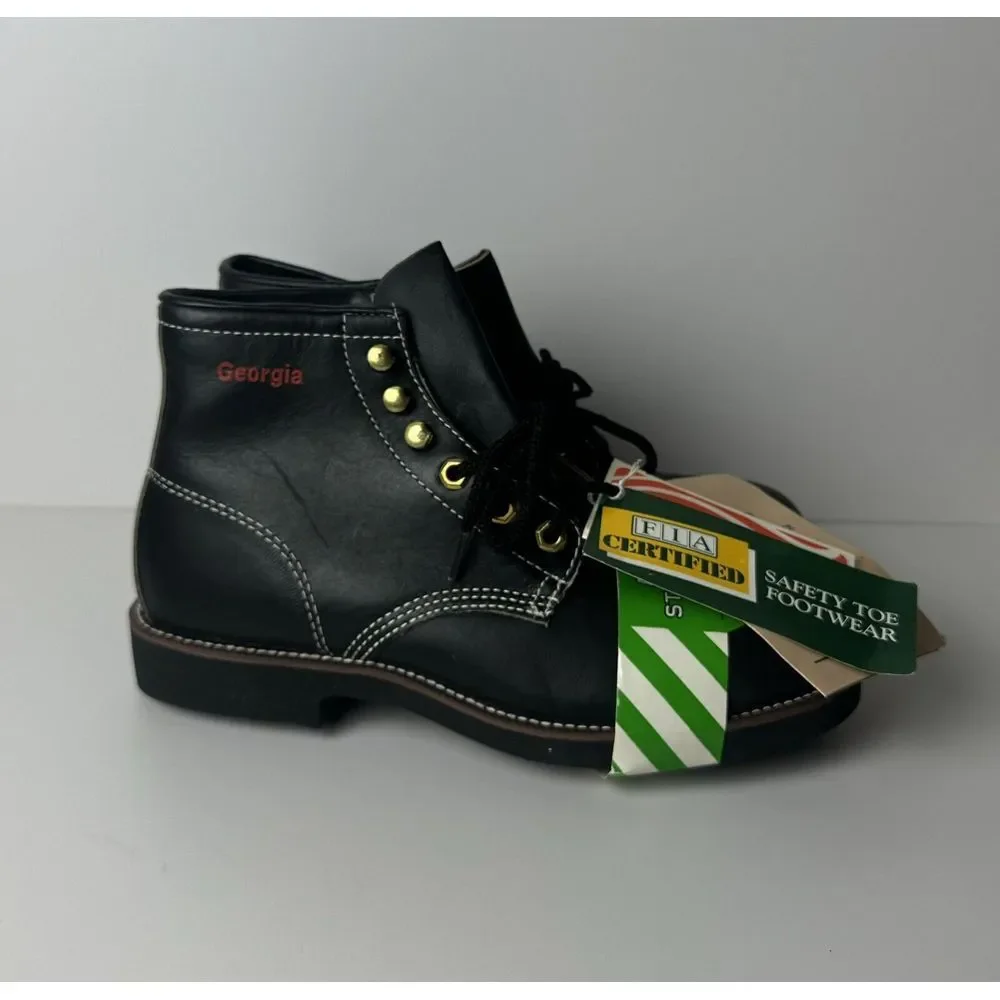 VTG Georgia Black Leather Ankle SAFETY TOE Boots Size 6.5 R ANSI Z41 Oil‎ Res